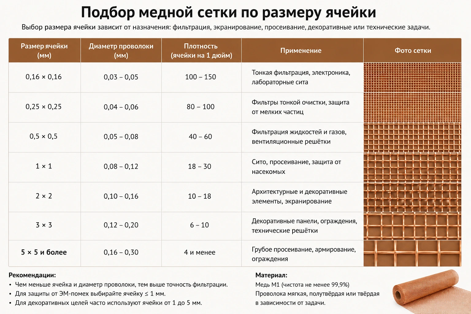 Подбор медной сетки по размеру ячейки